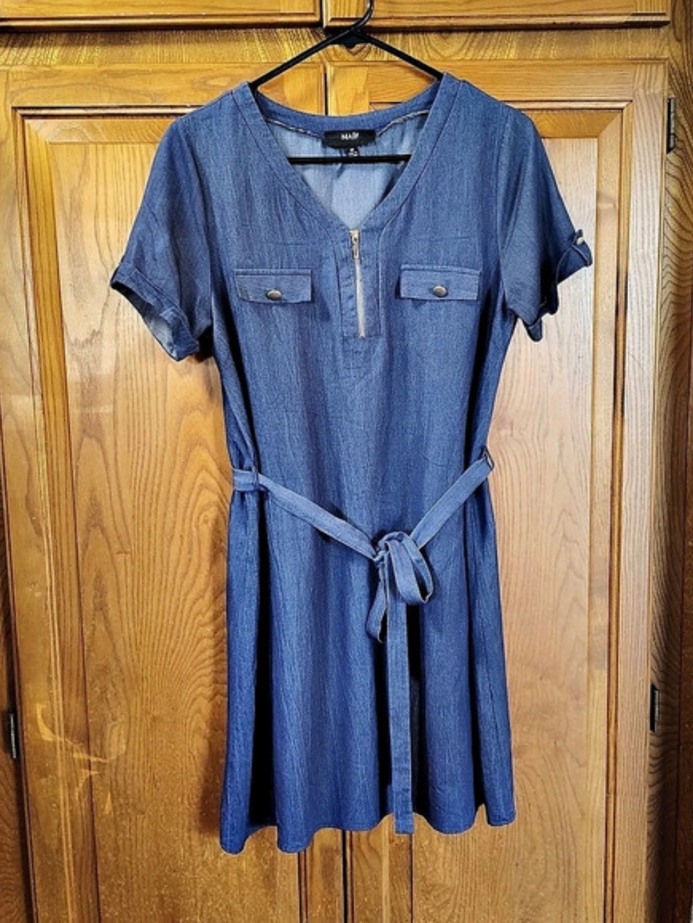 NAIF Blue Midi Dress Short Sleeve Half Zip Neck Pockets Belt Denim Look Size M